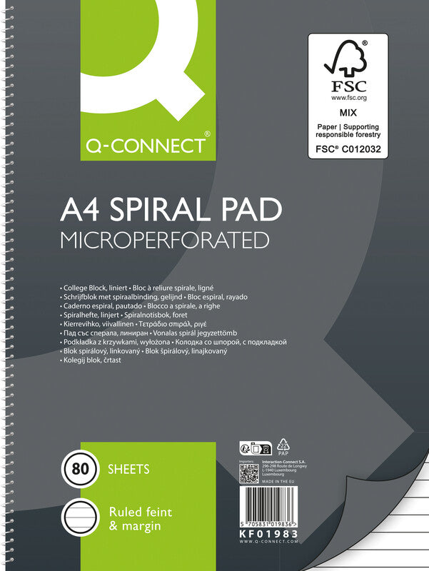 Q-connect Collegeblock A4, liniert, Spiralbindung, Karton, 80 Blatt, 4-fach gelocht, perforiert – grau