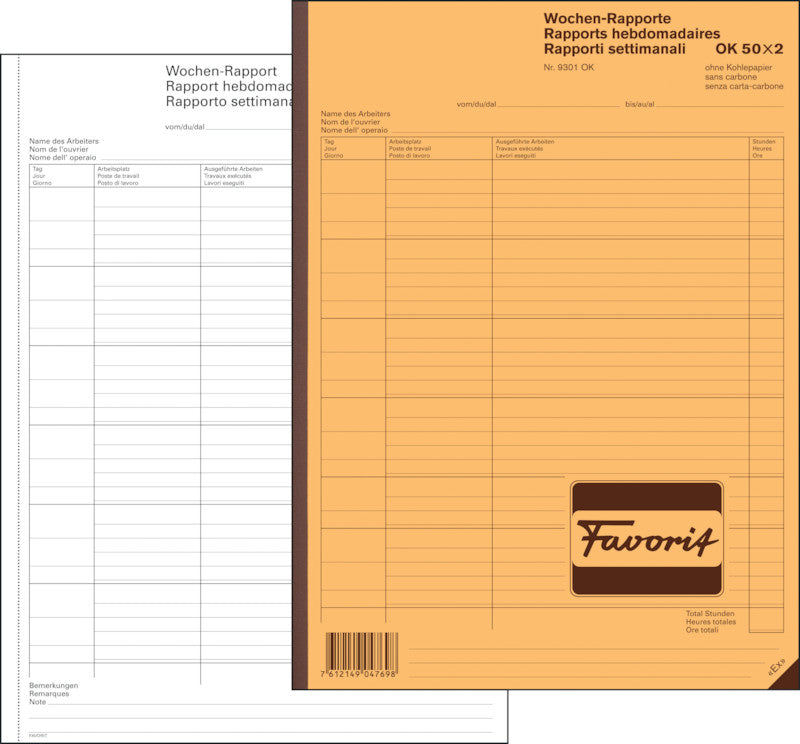 Favorit Formularblock – Wochen-Rapporte, Deutsch, Französisch, Italienisch, 50 Blatt, A5