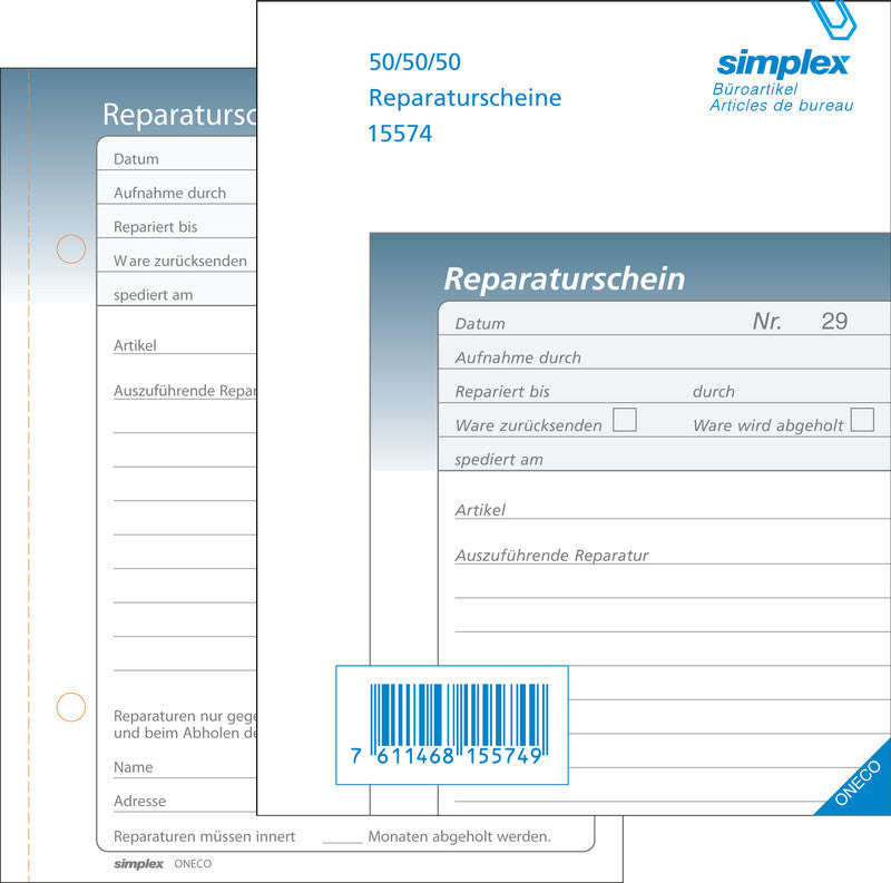 Simplex Formularblock – Reparaturscheine, Deutsch, 50 Blatt, A6