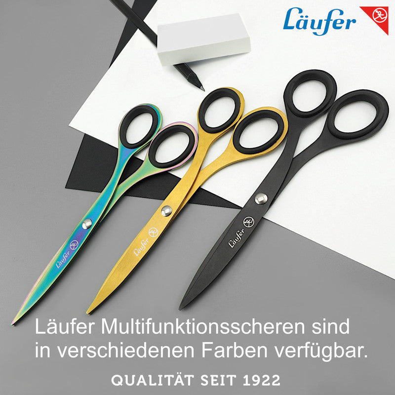 Laufer Universalschere – 17,0 cm, titanbeschichtet, für Rechtshänder, spitz, Gummigriffe, mehrfarbig