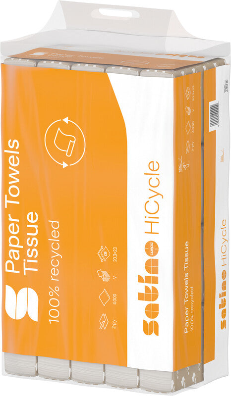 Satino hicycle Falthandtücher V-Falz – 2-lagig, weiss, Papier – 203 × 230 mm – Karton 20 × 200 Blatt