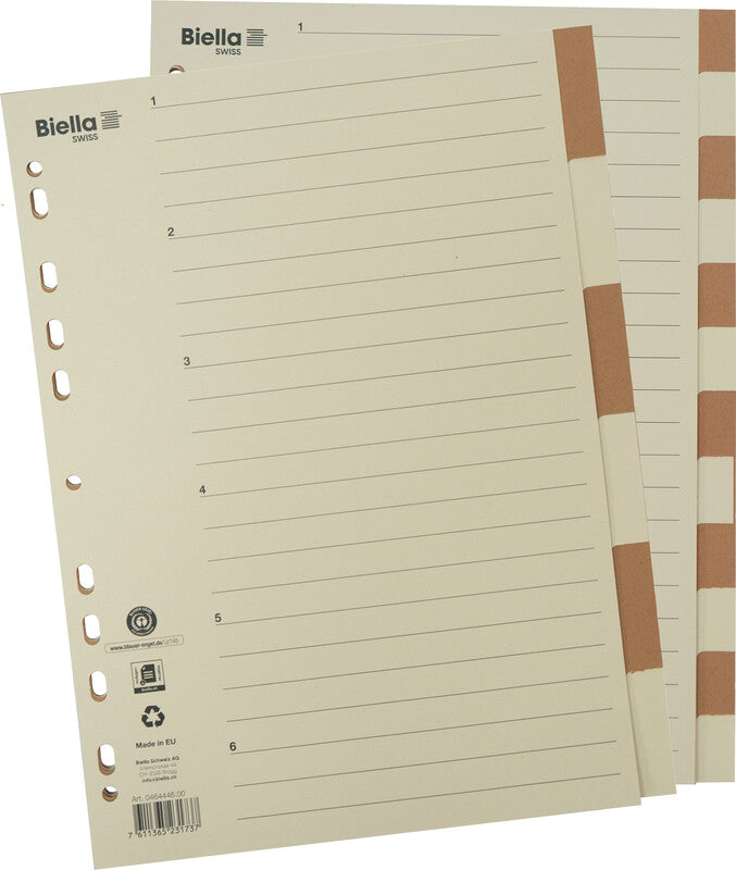 Biella Register – A4, 12-teilig, Karton, farbig, unbedruckt, mit Indexblatt, 4-fach gelocht