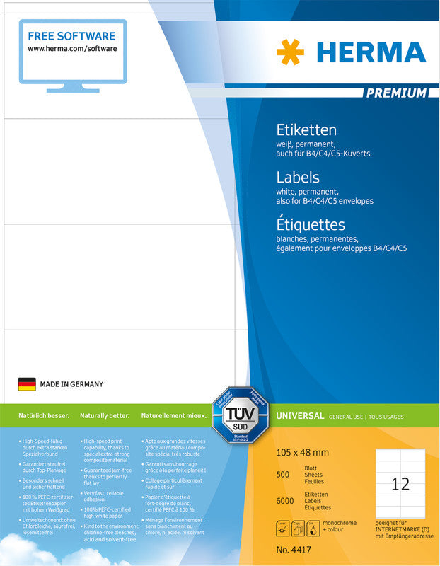 HERMA Etiketten auf Bogen, 105 mm × 48 mm, weiss, Papier, permanent, 500 Blatt (6 000 Etiketten)