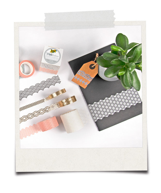 Folia Washi Tape Spitzenbordüre – wiederablösbar, Hotfoil, Papier, 25 mm × 5 m, Grau/Gold, 2 Rollen
