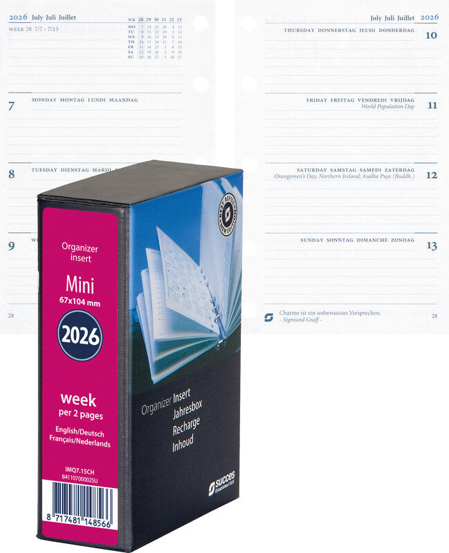 Succes Kalender-Einlage – 1 Woche/2 Seiten, 5-fach, 6,7 × 10,4 cm, 2026