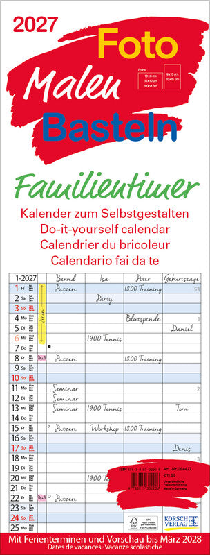 Korsch Familienplaner – für Familien – 4 Spalten – viersprachig D/F/I/GB – 2026 – Spiralbindung – 19 × 52 cm