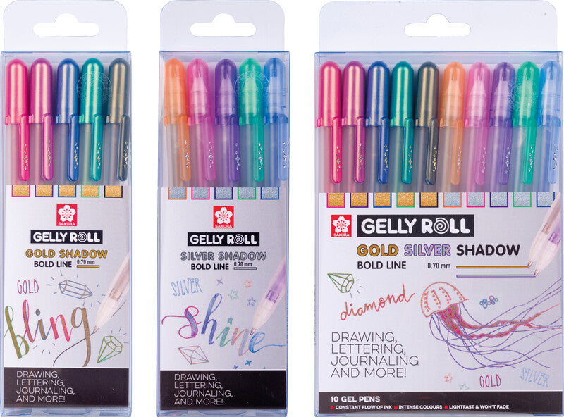 Sakura Gelly Shadow Gelschreiber 5er Set – 5 Farben, 0,7 mm, für dunkles Papier, Kappe