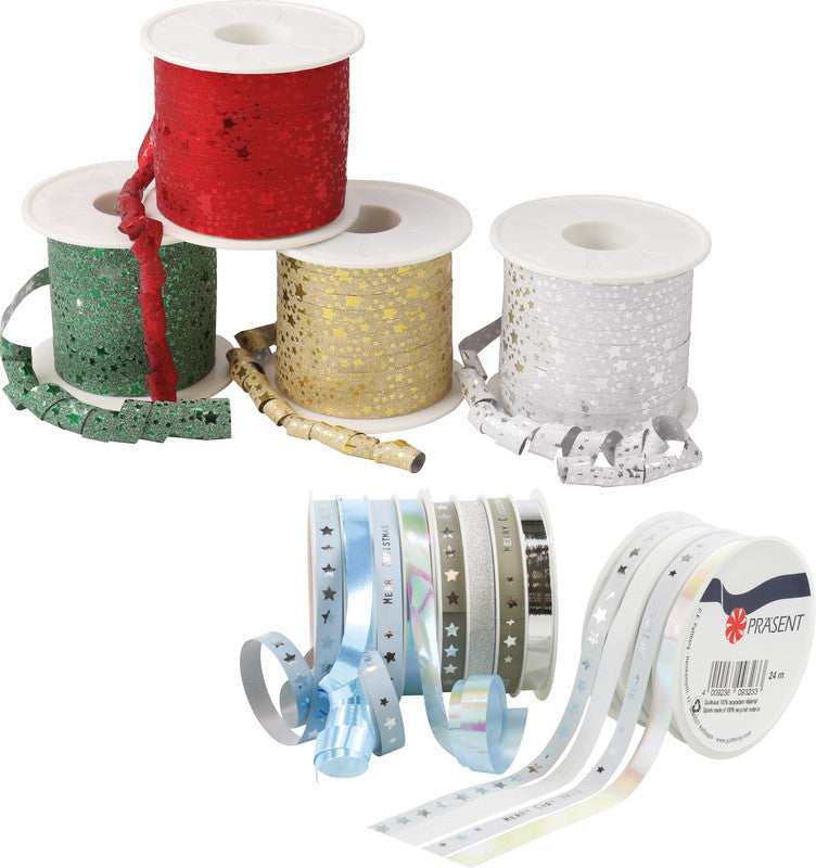 Präsent Geschenkband – Glitter Star – Weihnachten – 10 mm × 100 m, Kunststoff, Weiss