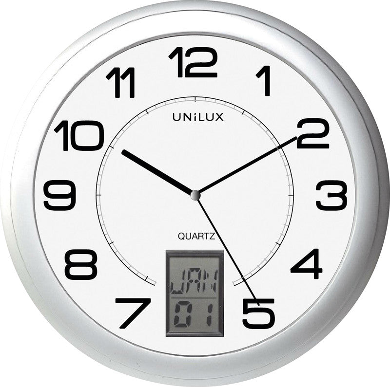 Unilux Wanduhr Instinct – Ø 30,5 cm, metallgrau, Kunststoff, Thermometer, Datum