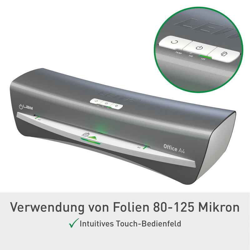 Leitz iLAM Office Laminiergerät A4 – 2-Rollen, 75–125 µm, 1 Min. Aufheizzeit, 500 mm/min, Silber