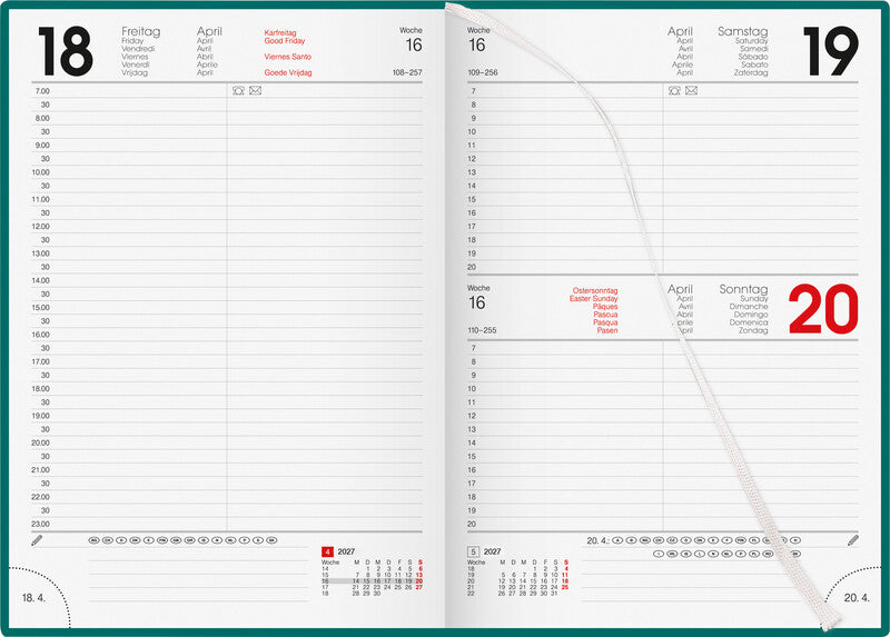 Biella Bunte Agenda – 1 Tag pro Seite, gebunden, 14,5 × 20,5 cm, 2027, ½-Stunden-Takt, Petrol, FSC