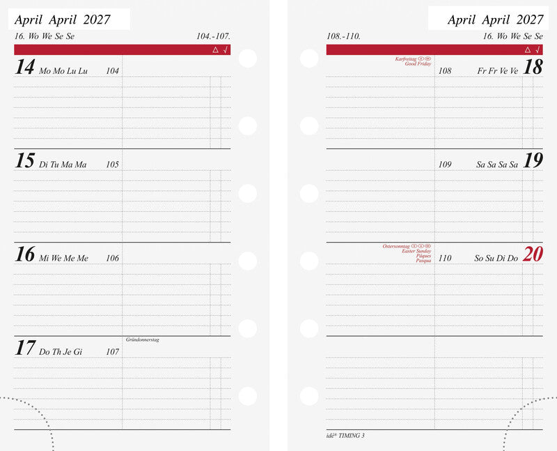 Idé Kalender-Einlage – 1 Woche/2 Seiten, 6-fach, 7,6 × 12,7 cm, 2027