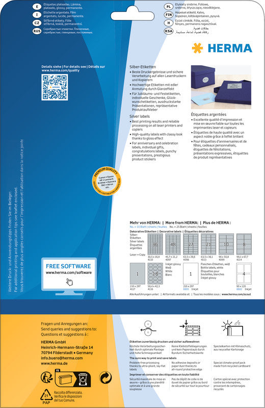 HERMA Druckeretiketten, 99 mm × 68 mm, silber, Folie, permanent, 25 Blatt (200 Etiketten)