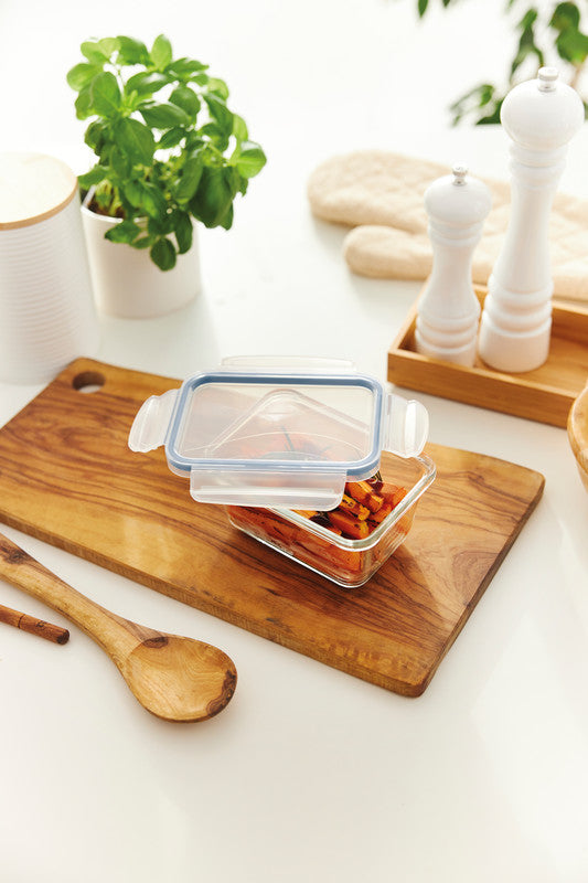 Rotho Glasbehälter Clic & Lock – 0,5 l – eckig – 16 × 7,8 × 12 cm – Borosilikatglas – transparent