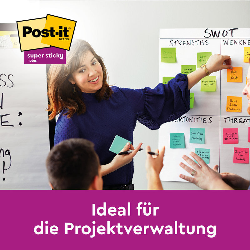 Post-it Haftnotizen Super Sticky – 76×76 mm – sortiert, 6×90 Blatt, PEFC