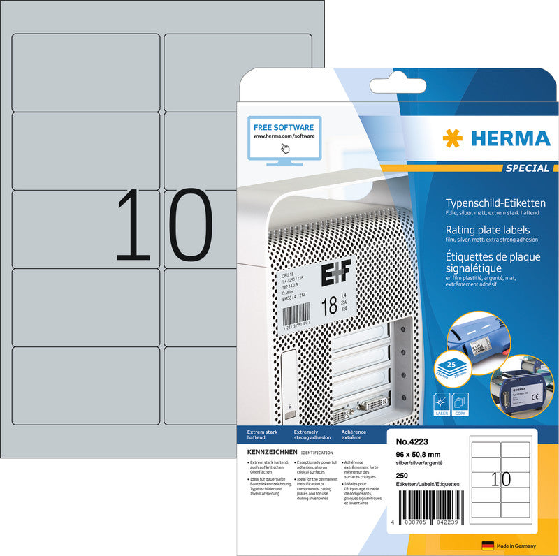 HERMA Drucketiketten, 96 mm × 51 mm, silber, Folie, extra stark, 25 Blätter (250 Etiketten)