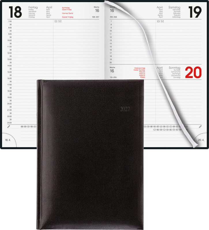 Biella Agenda – 1 Tag pro Seite, gebunden, 14,5 × 20,5 cm, 2026, 1/2-Stunden-Takt, schwarz, FSC
