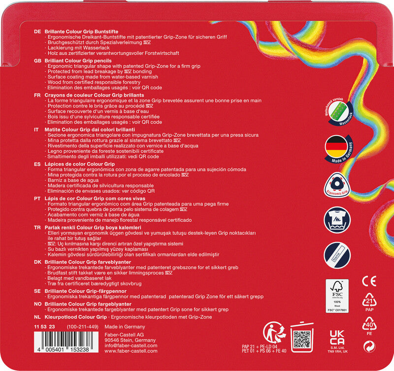 Faber-Castell Colour Grip Aquarellfarbstifte – 24 Farben, ergonomisch, waschbar, Metallschachtel