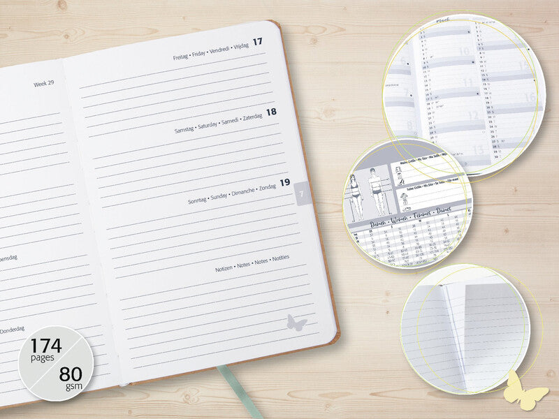Sigel JOLIE Pure Agenda – 1 Woche/2 Seiten, gebunden, A6, Jan–Dez 2026, mehrsprachig, Moonlight Ginkgo, FSC