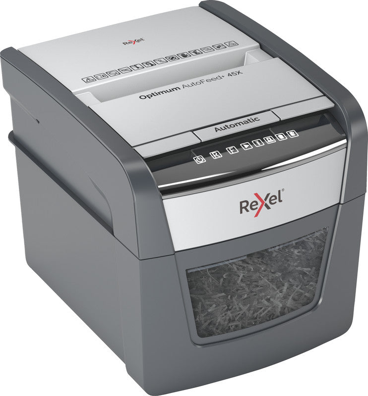 Rexel Optimum AutoFeed+ 45X – Aktenvernichter mit Autofeed 45 Blatt, DIN P-4, Partikelschnitt 4 × 28 mm, 20 l