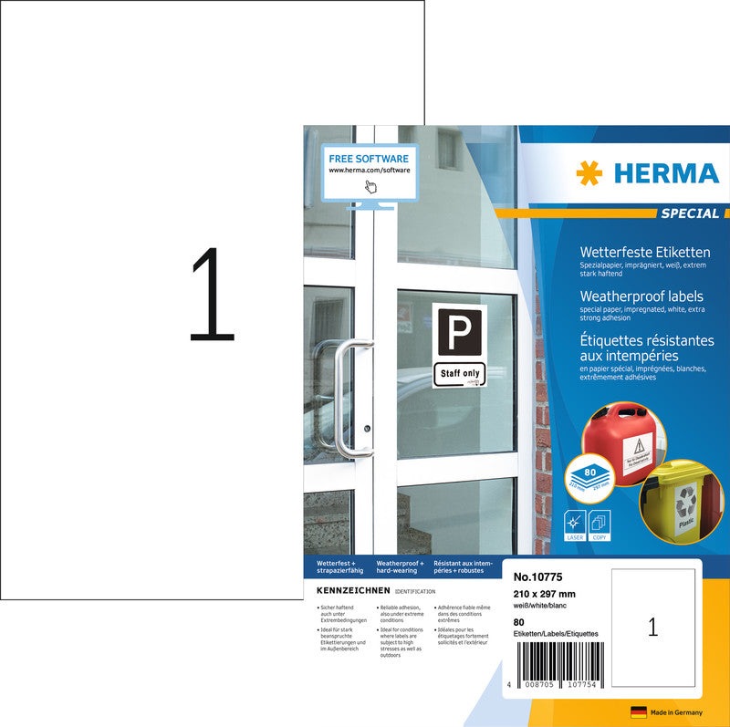HERMA Druckeretiketten, 210 mm × 297 mm, weiss, Folie, extra stark, 80 Stück