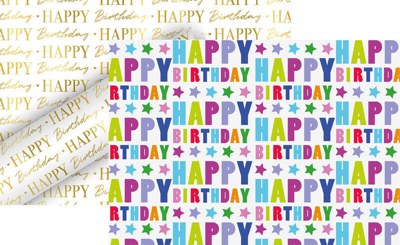 Braun + Company Geschenkpapier – Geburtstag – seidenmetallisiert, Gold/Weiss – 70 cm × 1,5 m
