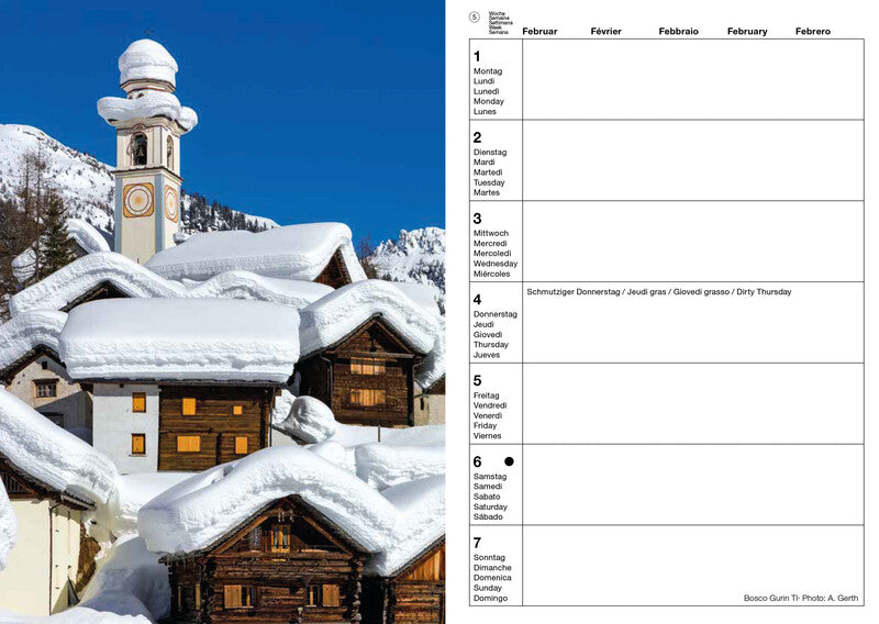 Calendaria Schweizer Foto-Almanach – Wochenagenda 2027, 1 Woche/1 Seite, A5, Spiralbindung