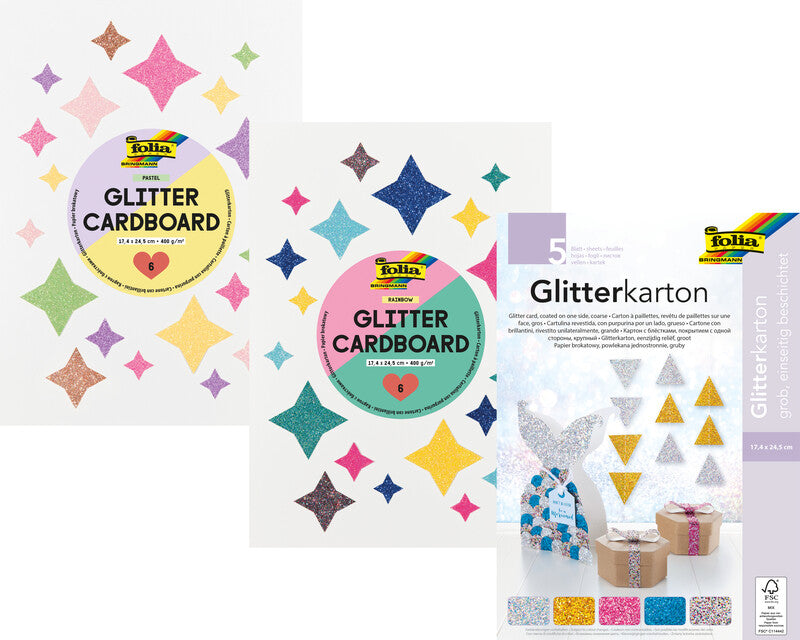 Folia Designpapierblock – 17,4 × 24,5 cm, mehrfarbig, Glitter, 300 g/m² – 6 Blatt, Karton, FSC