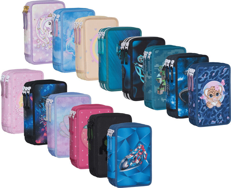 Beckmann Classic 1st Triple – Schüleretui, 3 Klappen, gefüllt (28-teilig), Blue Bunny, 13 × 20,5 × 7 cm