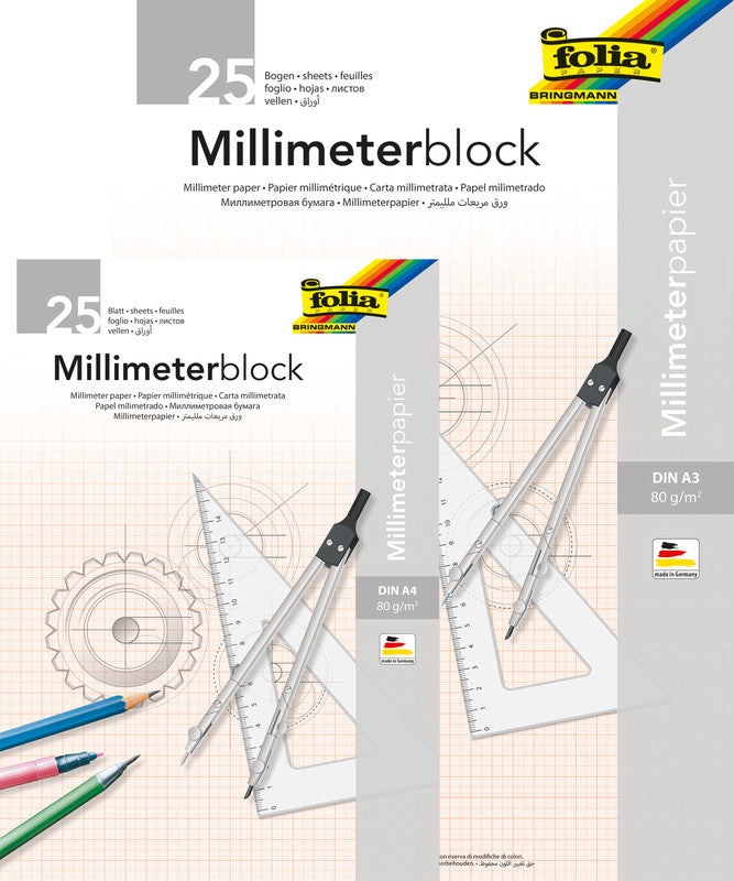 Folia Millimeterpapier-Block A3 – Rotes Netz, einseitig, 80 g/m², 25 Blatt
