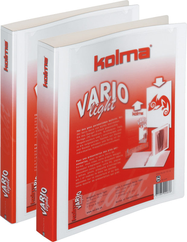 Kolma Zeigebuch – A4 Hochformat – 2-Ring Bügelmechanik, Ø 20 mm, Rücken 27 mm – Weiss, Kunststoff, mit Niederhalter