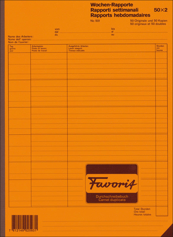 Favorit Formularblock – Wochen-Rapporte, mehrsprachig, 50 Blatt, A4