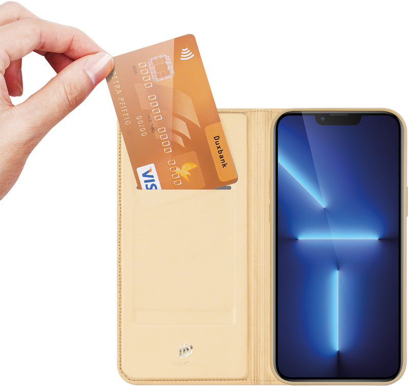 Dux Ducis Booklet-Hülle – für Apple iPhone 13 Pro – gold – Kunstleder – mit Kartenfach, Magnetverschluss