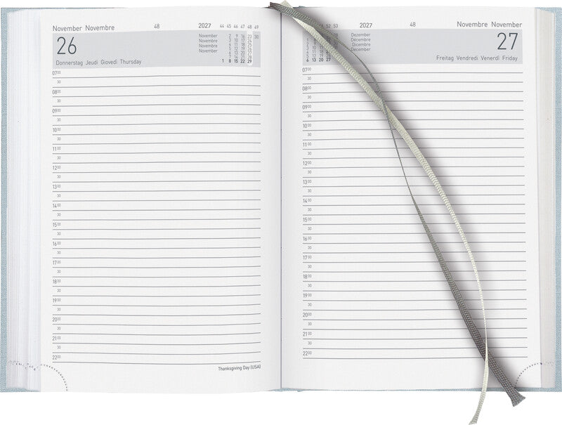Biella Executive Agenda – 1 Tag pro Seite, gebunden, 14,5 × 20,5 cm, 2027, 1/2-Stunden-Takt, Hellblau, FSC