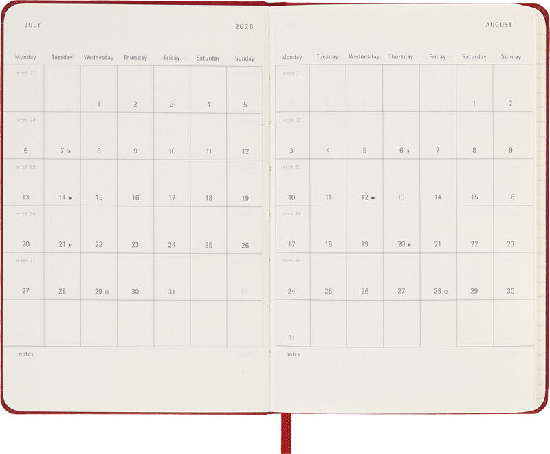 Moleskine Agenda – 1 Tag pro Seite, gebunden, 9 × 14 cm, 2026, 1-Stunden-Takt, Englisch, Scharlachrot, FSC