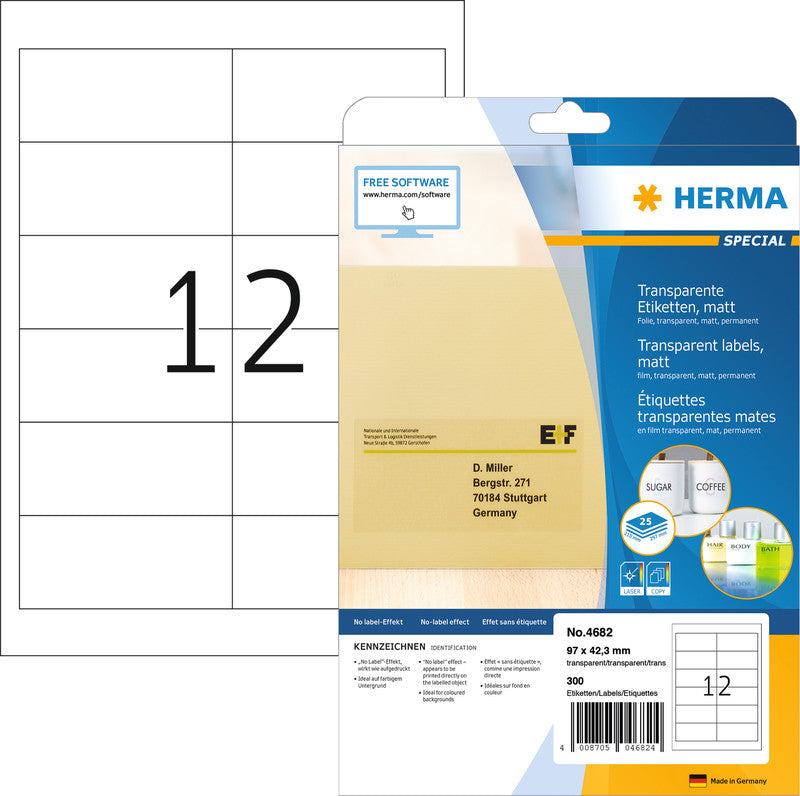 HERMA Druckeretiketten, 97 mm × 42 mm, transparent, Folie, permanent, 300 Etiketten (25 Blatt)