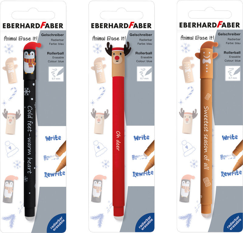 Eberhard Faber Animal Erase it Winter Gelschreiber 3er Set – blau, 0,7 mm, radierbar, Kappe, nachfüllbar