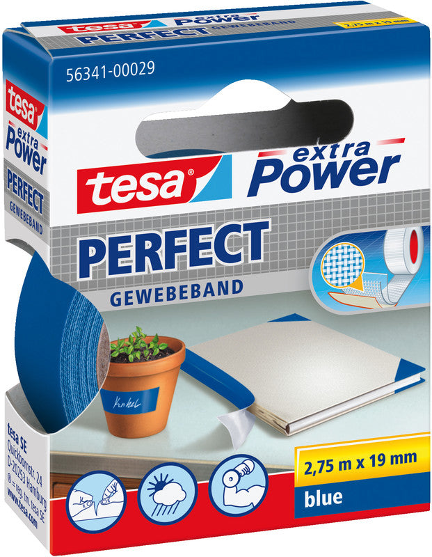 TESA Klebeband – permanent, strukturiert, Zellwollgewebe/Kunststoff, 19 mm × 2,75 m, blau, Kern Ø 26 mm
