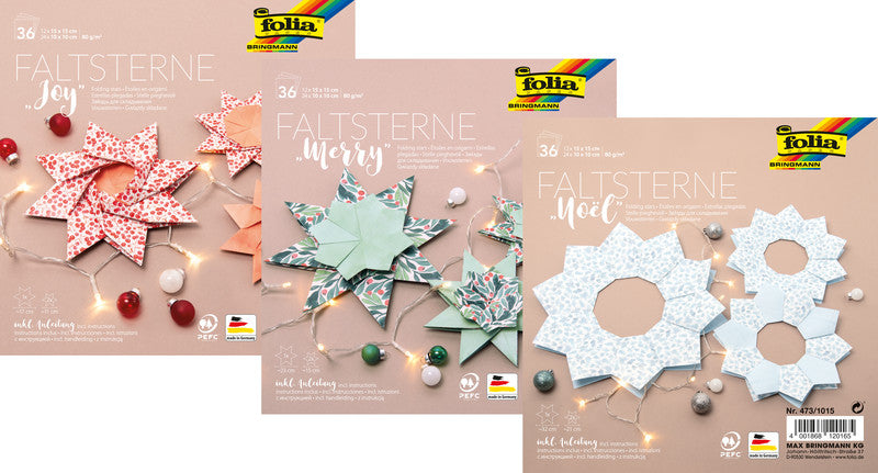 Folia Faltsterne-Set Noël – 12 Blatt 150 × 150 mm, 24 Blatt 100 × 100 mm