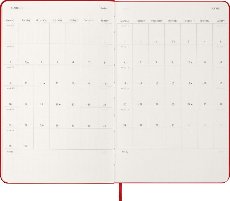 Moleskine Tagesagenda – 1 Tag pro Seite, gebunden, 13 × 21 cm, 2026, 1-Stunden-Takt, scharlachrot, FSC