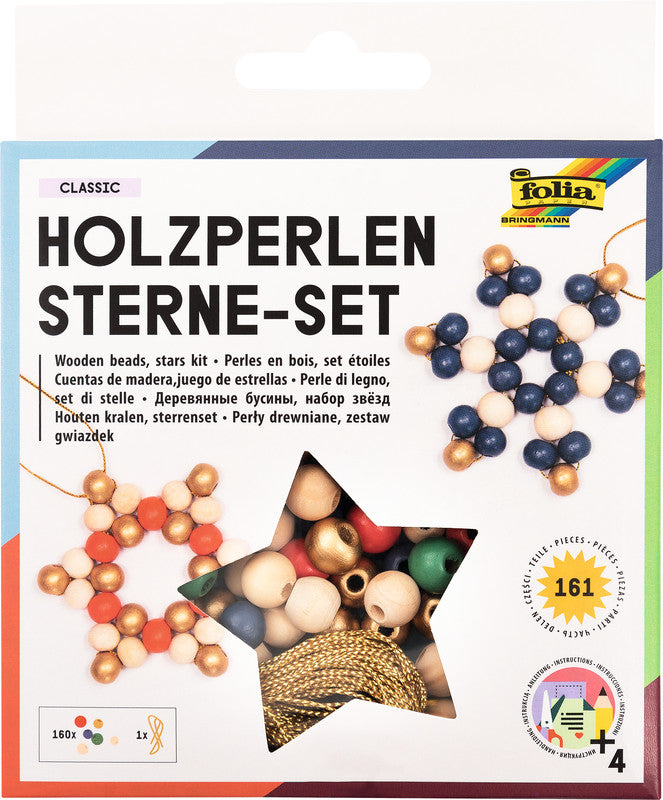 Folia Holzperlen-Set Sterne – 161 Holzperlen, 15 m Garn, Anleitung – Ø 10 mm, Ø 12 mm