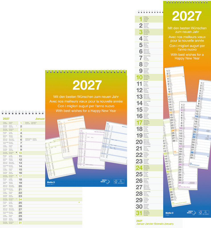 Biella Wandkalender – viersprachig D/F/I/GB – 2026 – Spiralbindung – 21 × 29,7 cm
