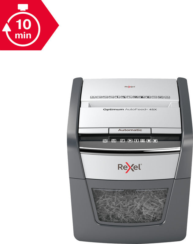 Rexel Optimum AutoFeed+ 45X – Aktenvernichter mit Autofeed 45 Blatt, DIN P-4, Partikelschnitt 4 × 28 mm, 20 l