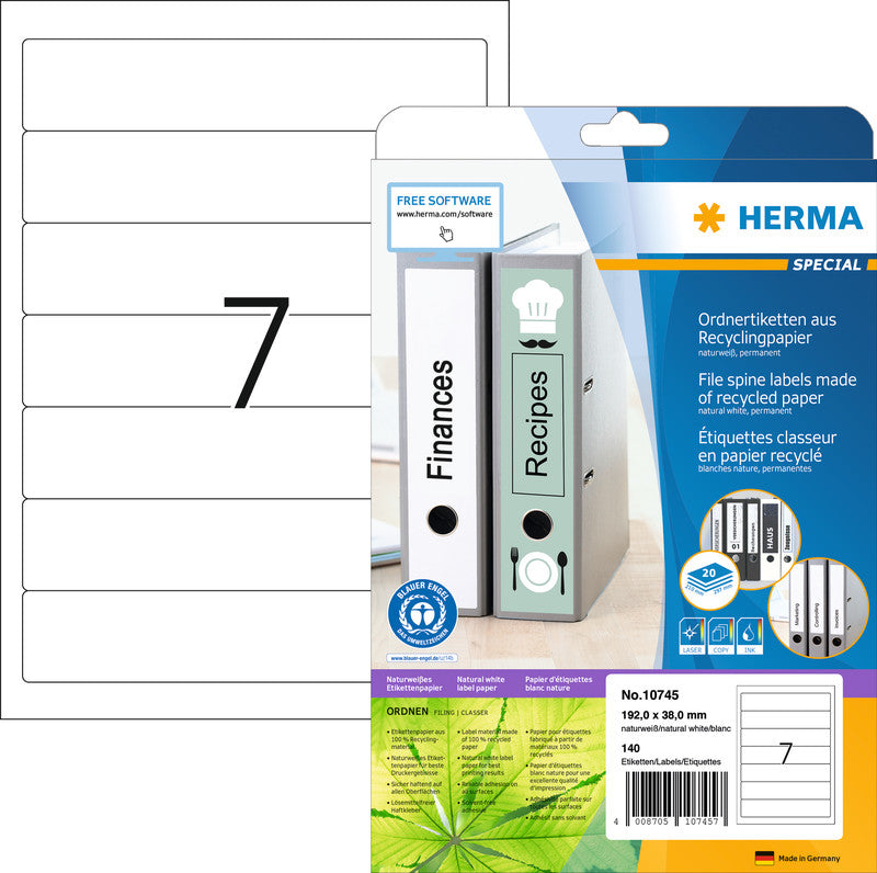 HERMA Druckeretiketten, 192 mm × 61 mm, naturweiss, Altpapier, permanent, 20 Blätter (80 Etiketten)