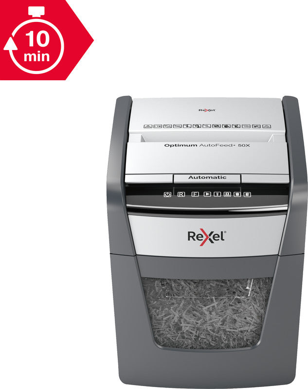 Rexel Optimum AutoFeed+ 50X – Aktenvernichter mit Autofeed 50 Blatt, DIN P-4, Partikelschnitt 4 × 28 mm, 20 l