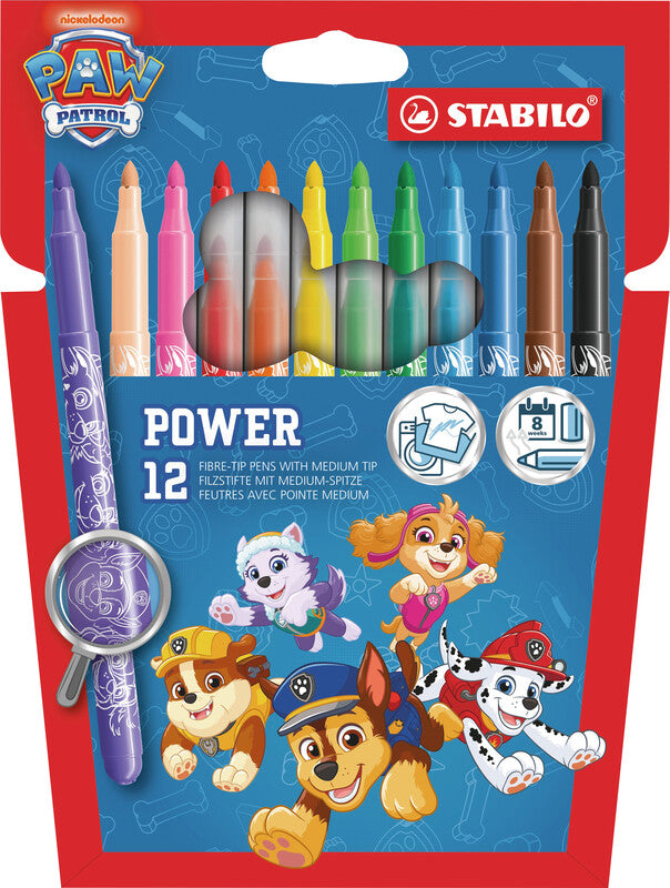 STABILO Power Filzstifte, Paw Patrol – Rundspitze, 2 mm, wasservermalbar, 12 Farben