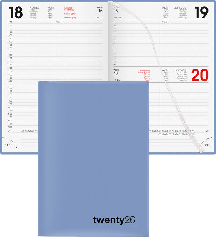 Biella Agenda – 1 Tag pro Seite, gebunden, 14,5 × 20,5 cm, 2026, 1/2-Stunden-Takt, blau, FSC