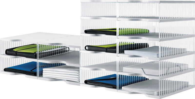 Styro Briefkorb – mit Beschriftungsfeld, transparent, B 600 × H 220 × T 400 mm, Serie Duo-Tower