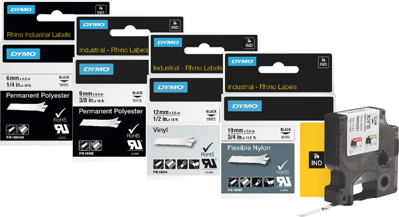 DYMO Schriftband – 9 mm × 5,5 m, weiss, schwarz – für DYMO Rhino: 3000, 4200, 5000, und andere
