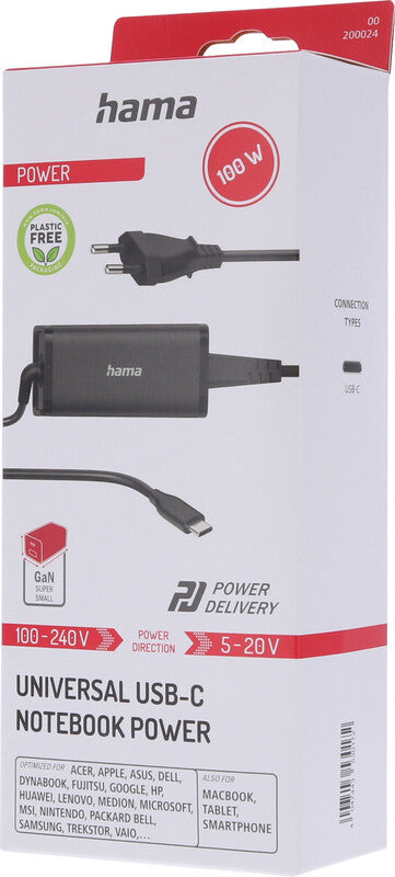 Hama 00200024 USB-Ladegerät 100 W – USB-C×1 – PD 3.0, GaN – für Nintendo, Google, Huawei u. a. – Schwarz